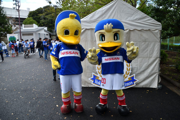 試合前のグリーティングでのマリノス君、マリノスケ