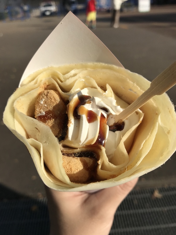 地元銘菓とのコラボ。信玄餅クレープ600円