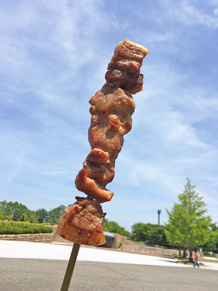 青空でおいしさ引き立つ越後もちぶた串焼き