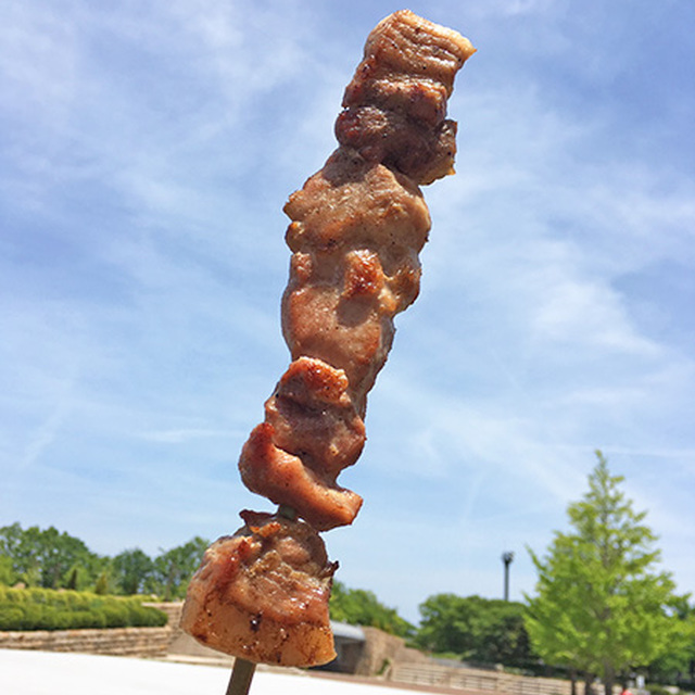 青空でおいしさ引き立つ越後もちぶた串焼き