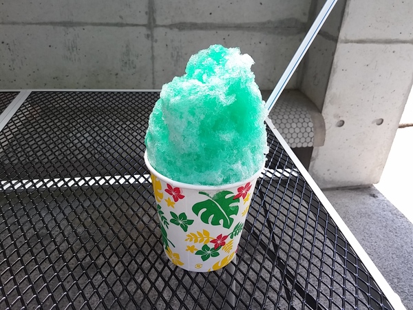 このかき氷を販売してた業者さん、珍しいシロップがいっぱいでした。青いけどパインベースです。