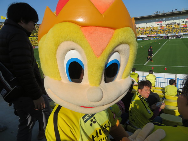 最近はバックスタンドへ入ってきて一緒に写真撮影やハイタッチも出来ます。
たまに空いてる席に座って周りのサポーターさんとコミュニケーションも。