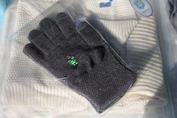 ユニフォーム風ウェアを着たベアの刺繍が可愛い手袋